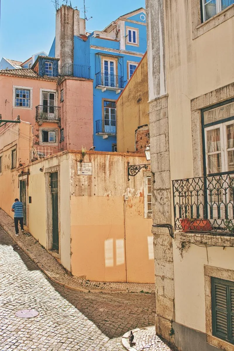 Colour-washed houses on a steep street